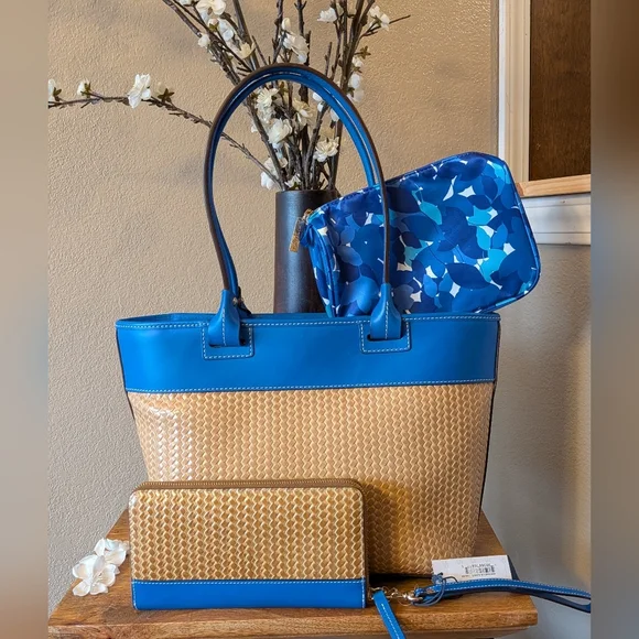 Dooney and Bourke Beacon Woven/Vachetta Tote Set in FRENCH BLUE - Picture 14 of 14